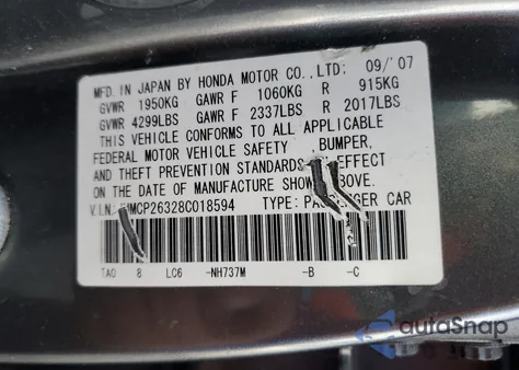 2008 Honda Accord Lx from USA, damaged, VIN JHMCP26328C018594
